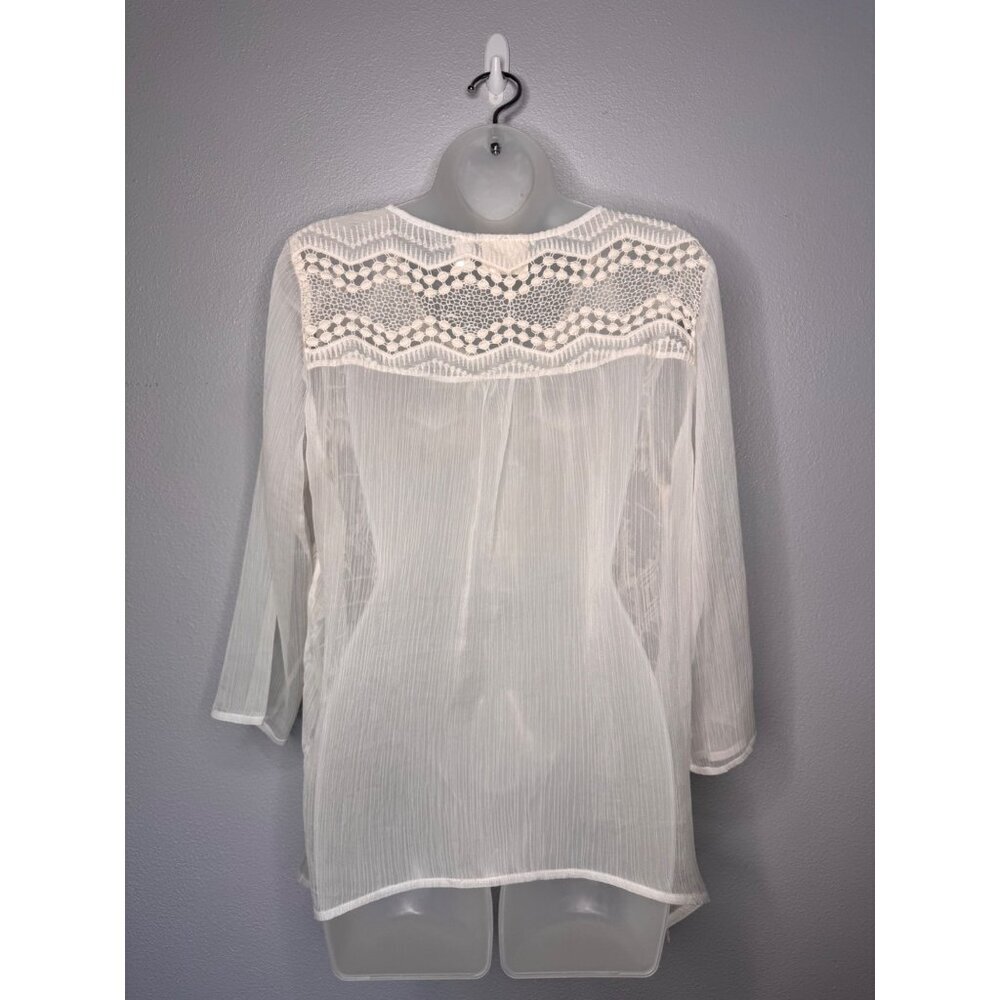 Chico's Ivory Sheer Embroidered Lace Tunic Blouse 3/4 Sleeves Asymmetric Hem - Picture 2 of 11